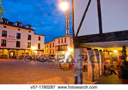 Stock Photo - Main Square, night view. Covarrubias, Burgos province, Castilla Leon, Spain.. Fotosearch