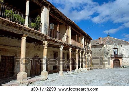 Stock Image - Main Square of Pedraza, walled medieval village declarated Historical-Artistic Site Segovia province Castilla y Le? n Spain. Fotosearch