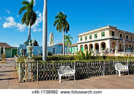 Stock Image - Main Square plaza Mayor, Trinidad city, Sancti Spiritus Province, Cuba.. Fotosearch