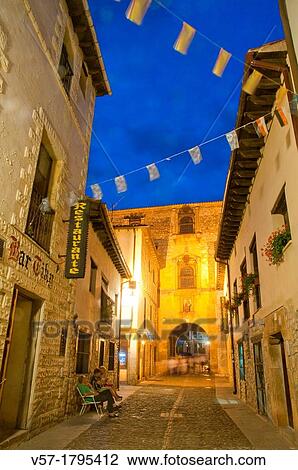 Main Street, night view. Covarrubias, Burgos province, Castilla Leon, Spain. View Large Photo Image Stock Image - Main Street, night view. Covarrubias, Burgos province, Castilla Leon, Spain.. Fotosearch