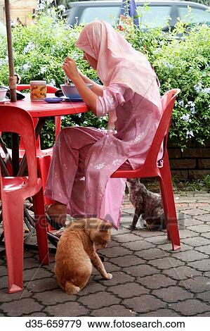 Malaiian woman at lunch in restaurant and street cats, Melaka Town, Malacca, Malaysia, Asia. View Large Photo Image Stock Photo - Malaiian woman at lunch in restaurant and street cats, Melaka Town, Malacca, Malaysia, Asia.. Fotosearch