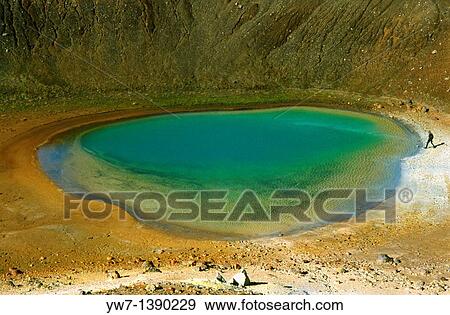 Man approaching crater lake, Iceland View Large Photo Image Stock Photo - Man approaching crater lake, Iceland. Fotosearch