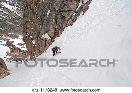 Stock Photo - Man climbing the Petzoldt Couloir on Mount Heyburn high in the Sawtooth Mountains of central Idaho. Fotosearch