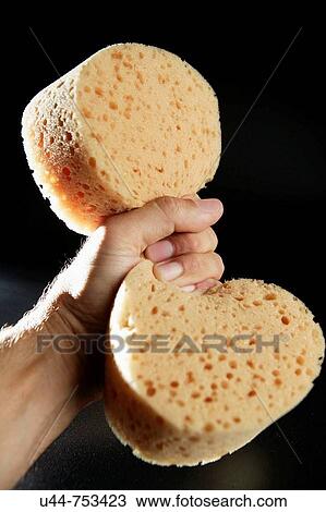 Stock Image - Man hand squeezing a dry sponge. Fotosearch