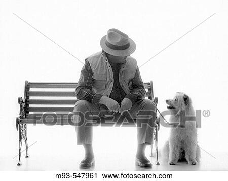 Stock Image - Man on park bench, looking down by attentive dog. Fotosearch