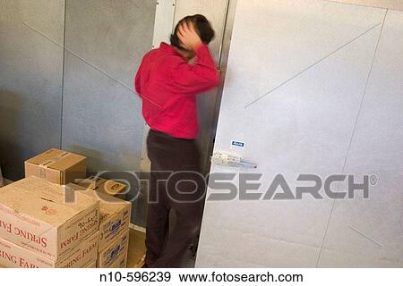 Stock Photo - Man peering into an industrial refrigerator.. Fotosearch
