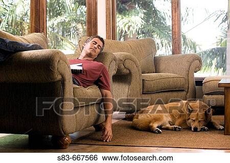 Man sleeping on chair with dogs sleeping on floor next to him View Large Photo Image Stock Photograph - Man sleeping on chair with dogs sleeping on floor next to him. Fotosearch