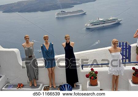 Mannequins and cruise ships, Santorini, Greece View Large Photo Image Stock Photo - Mannequins and cruise ships, Santorini, Greece. Fotosearch