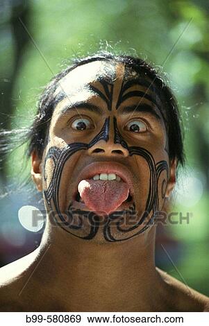 Stock Photo - Maori face greeting, Rotorua, New zealand.. Fotosearch