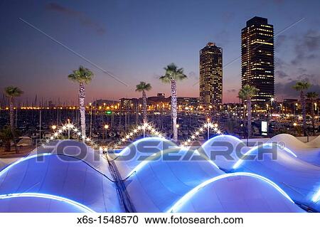 Stock Image - Mapfre tower and Hotel Arts in the Olympic harbour, Barcelona, Spain. Fotosearch