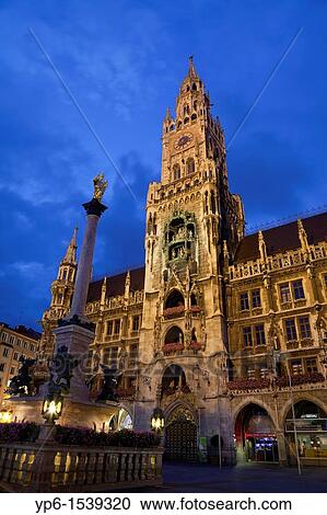 Marienplatz with New City Hall and Marian column at night, Munich, Germany View Large Photo Image Stock Image - Marienplatz with New City Hall and Marian column at night, Munich, Germany. Fotosearch
