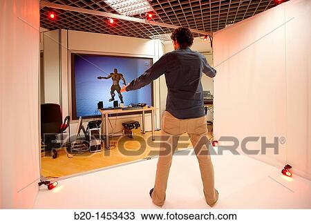 Stock Image - Markerless motion capture system, 3D animation and interactive virtual environments, Vicomtech-IK4 Visual Interaction and Communication Technologies Centre, applied research centre for Interactive Computer Graphics and Multimedia. Fotosearch
