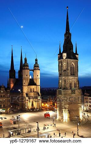 market place with Marien Church and Red Tower, illuminated at night, Halle, Saxony-Anhalt, Germany View Large Photo Image Stock Photo - market place with Marien Church and Red Tower, illuminated at night, Halle, Saxony-Anhalt, Germany. Fotosearch
