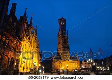 Stock Photo - Markt square, Provincial Hall and Belfort XIIIth Century in Bruges, West Flanders, Belgium.. Fotosearch