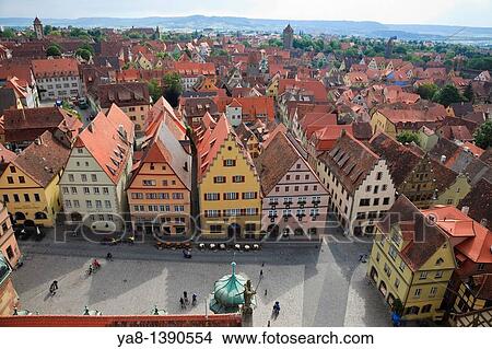 Picture - Marktplatz, Rothenburg Ob der Tauber, Franconia, Bavaria, Germany, Europe Aerial view of rooftops from the Town Hall Rathaus tower. Fotosearch