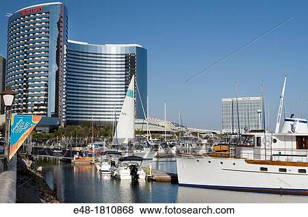 MARRIOT HOTEL HARBORSIDE CITY SKYLINE AT SEAPORT VILLAGE MARINA SAN DIEGO CALIFORNIA USA View Large Photo Image Stock Photo - MARRIOT HOTEL HARBORSIDE CITY SKYLINE AT SEAPORT VILLAGE MARINA SAN DIEGO CALIFORNIA USA. Fotosearch