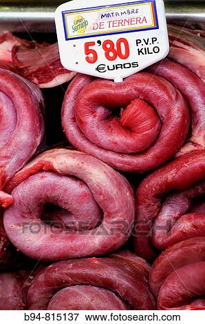 Stock Photo - Matambre raw beef in La Boqueria market, Barcelona. Catalonia, Spain. Fotosearch