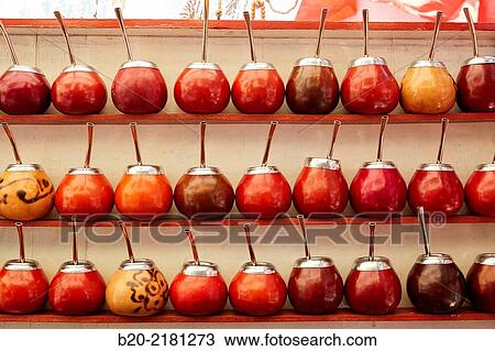Stock Image - Mate cups. Sunday market. Plaza Dorrego. San Telmo. Buenos Aires. Argentina.. Fotosearch