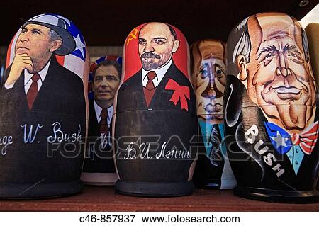 Stock Photo - Matryoshka dolls with Bush, Blair and Lenin. St. Petersburg. Russia.. Fotosearch