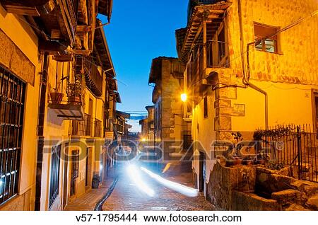 Picture - Mayor street, night view. Candelario, Salamanca province, Castilla Leon, Spain.. Fotosearch