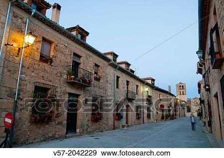 Stock Photo - Mayor Street, night view. Pedraza, Segovia province, Castilla Leon, Spain.. Fotosearch