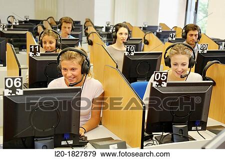 Stock Photo - Media room, language laboratory, Students, School of Business, UPV, EHU, University of Basque Country, San Sebastian, Donostia, Gipuzkoa, Basque Country, Spain. Fotosearch