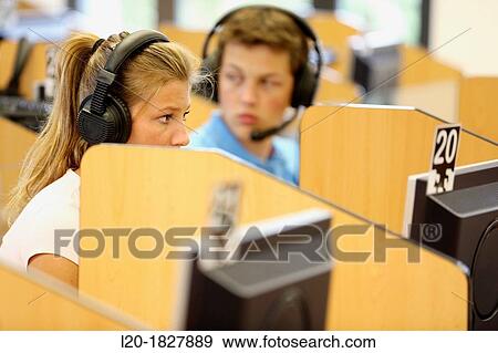 Stock Photo - Media room, language laboratory, Students, School of Business, UPV, EHU, University of Basque Country, San Sebastian, Donostia, Gipuzkoa, Basque Country, Spain. Fotosearch