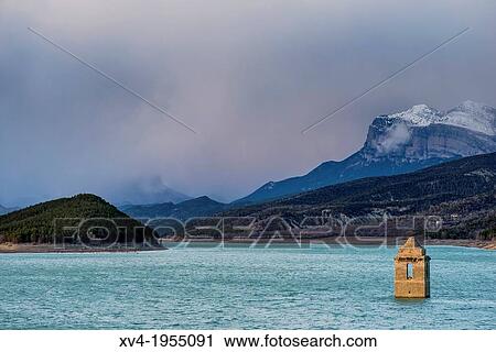 Mediano reservoir with sumerged old church tower and village. Sobrarbe, Huesca, Aragon, Spain. View Large Photo Image Stock Image - Mediano reservoir with sumerged old church tower and village. Sobrarbe, Huesca, Aragon, Spain.. Fotosearch