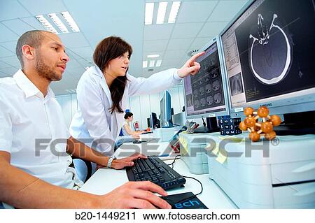 Stock Image - Medical image analysis, cranial CT scan, Health and Biomedical applications, Vicomtech IK4, Centro de tecnologias de Interaccion Visual y Comunicaciones. Fotosearch