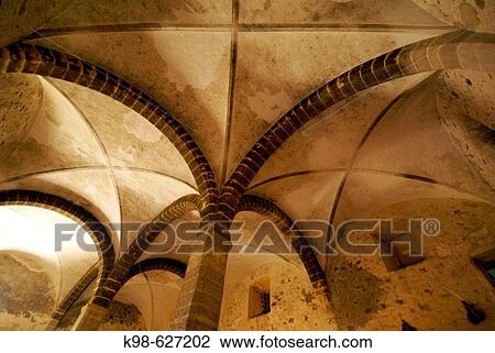 Stock Image - Medieval arch in the cellar. Typical countryhouse of Son Sant Andreu. Porreres Comarca de Es Pla. Sant Joan. Mallorca. Baleares. Spain.. Fotosearch