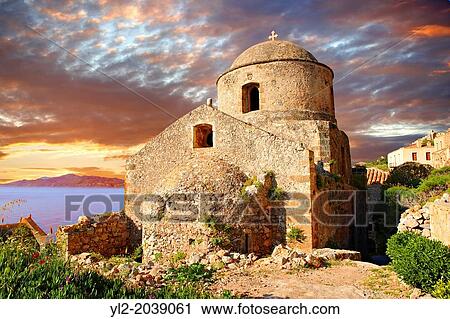Stock Image - Medieval Byzantine Orthodox church of Monemvasia Island, Greece. Fotosearch