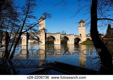 Medieval stone Pont Valentr? bridge, Lot river, Cahors, UNESCO World Heritage, France View Large Photo Image Stock Photograph - Medieval stone Pont Valentr? bridge, Lot river, Cahors, UNESCO World Heritage, France. Fotosearch