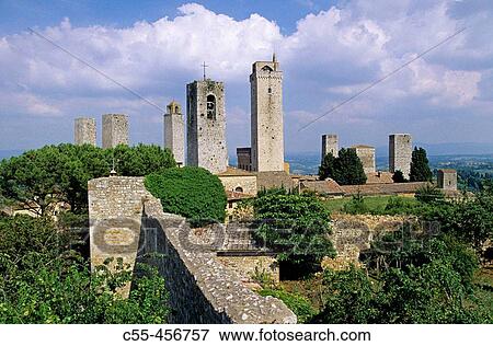 Stock Photo - Medieval towers in the old town, San Gimignano. Tuscany, Italy. Fotosearch
