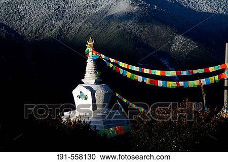 Memorial 'chorten' (stupa) at sunrise, Shangri-La, Yunnan province, China. View Large Photo Image Stock Image - Memorial 'chorten' (stupa) at sunrise, Shangri-La, Yunnan province, China.. Fotosearch