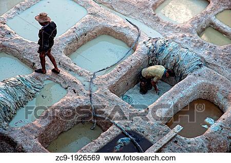 Men working in a tannery in the medina of Fez Fez el Bali, Imperial city, Morocco View Large Photo Image Stock Photo - Men working in a tannery in the medina of Fez Fez el Bali, Imperial city, Morocco. Fotosearch