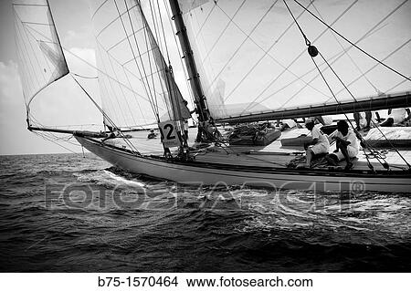 Picture - Menorca, Balearic Islands, Spain, Mediterranean, Sailing ships of time, summer, hot, sport, black and white. Fotosearch