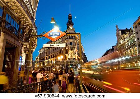 Picture - Metro Sevilla entrance, night view. Madrid, Spain.. Fotosearch