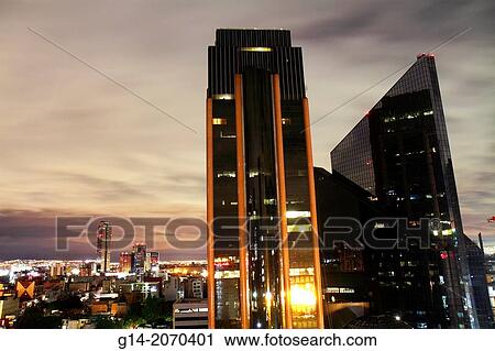 Stock Image - Mexico, Mexico City, DF, D. F., Distrito Federal, Cuauhtemoc, Paseo de la Reforma, city skyline, night, Edificio Reforma Avantel, Centro BursBtil, skyscraper, postmodern, architecture, stock exchange, BMV, view,.. Fotosearch