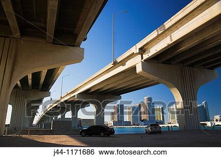 Stock Photograph - Miami skyline seen from underneath MacArthur Causeway. Fotosearch