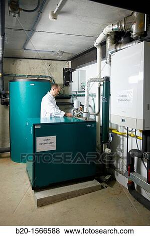 Stock Photo - Micro cogeneration, Boiler Room, Kubik, Experimental laboratory R & D + i for the development of new concepts, products and services Zamudio, Bizkaia, Basque Country, Spain. Fotosearch