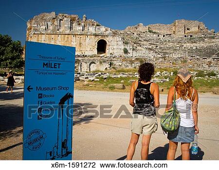 Stock Image - Miletus ancient greek city ruins and tourists Aydin province Western coast of Anatolia Turkey. Fotosearch