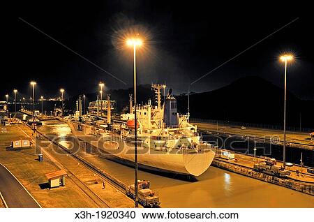 Stock Image - Miraflores Panama Canal locks by night, Republic of Panama, Central America. Fotosearch