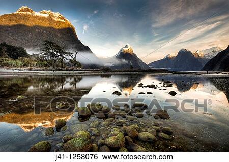 Mitre peak, winter dawn, Milford Sound, Fiordland National Park. View Large Photo Image Stock Photograph - Mitre peak, winter dawn, Milford Sound, Fiordland National Park.. Fotosearch