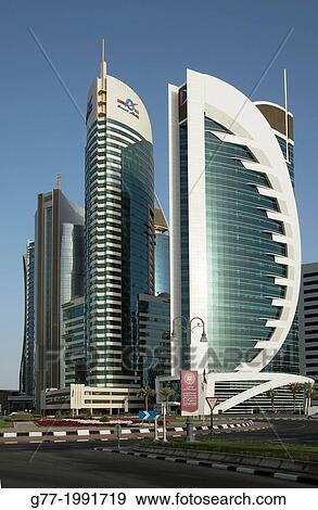 Modern buildings in downtown Doha, Qatar View Large Photo Image Stock Photo - Modern buildings in downtown Doha, Qatar. Fotosearch