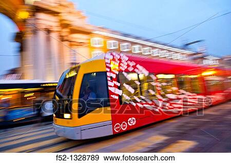 Stock Photo - Modern tram, Baixa district, Lisbon, Portugal. Fotosearch