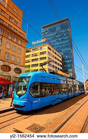 Modern tram in the Square of Ban Josip Jelacic, Zagreb, Croatia View Large Photo Image Picture - Modern tram in the Square of Ban Josip Jelacic, Zagreb, Croatia. Fotosearch
