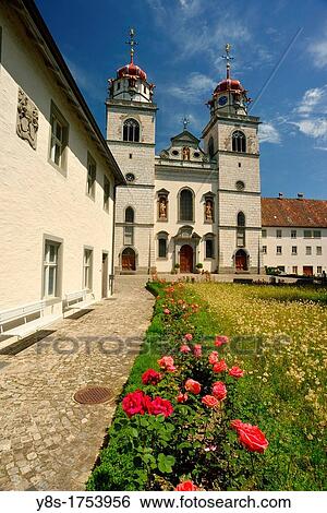Stock Photograph - Monastery Rheinau, Switzerland, located at an island in the river Rhine Monastery yard. Fotosearch