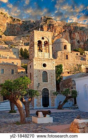 Monemvasia, main square of the lower town with the bell tower of the Byzantine IGreek Orthodox Church of Christ Elkomenos Peloponnese, Greece View Large Photo Image Stock Image - Monemvasia, main square of the lower town with the bell tower of the Byzantine IGreek Orthodox Church of Christ Elkomenos Peloponnese, Greece. Fotosearch