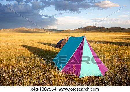 Picture - Mongolia, Scenic landscape of Gobi desert with tent in foreground. Fotosearch