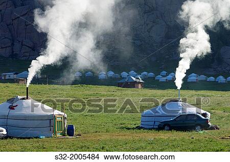 Mongolian gers in Gorkhi Terelji National Park, Mongolia. View Large Photo Image Picture - Mongolian gers in Gorkhi Terelji National Park, Mongolia.. Fotosearch